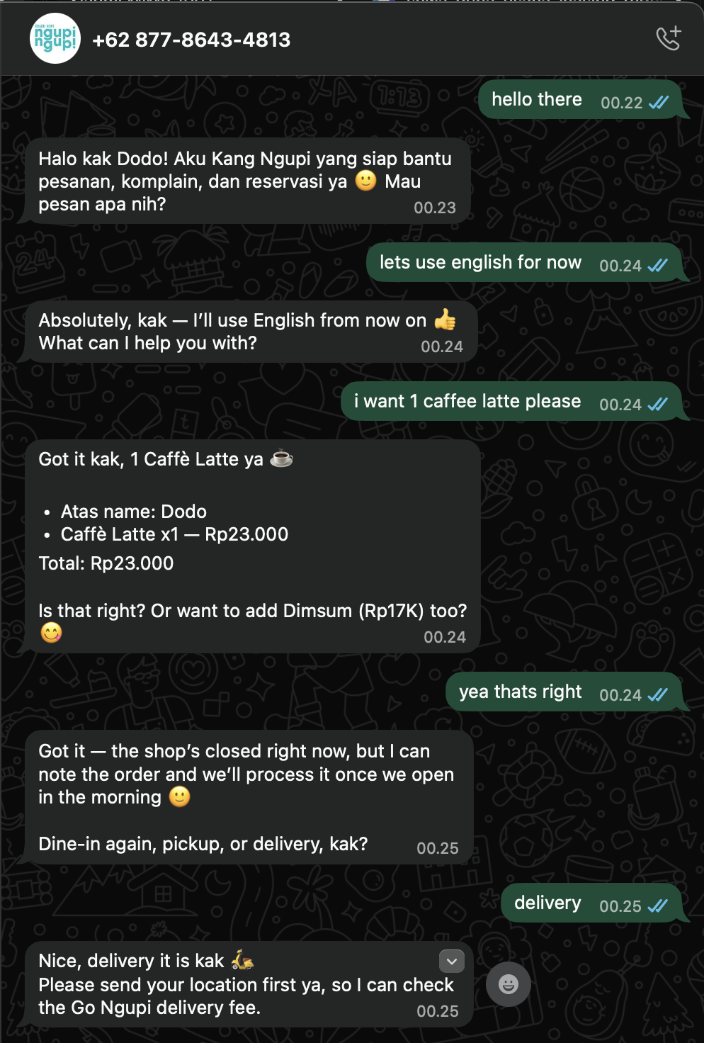 AI agent conversation: order placement, NLU parsing, upsell suggestion, fulfillment selection