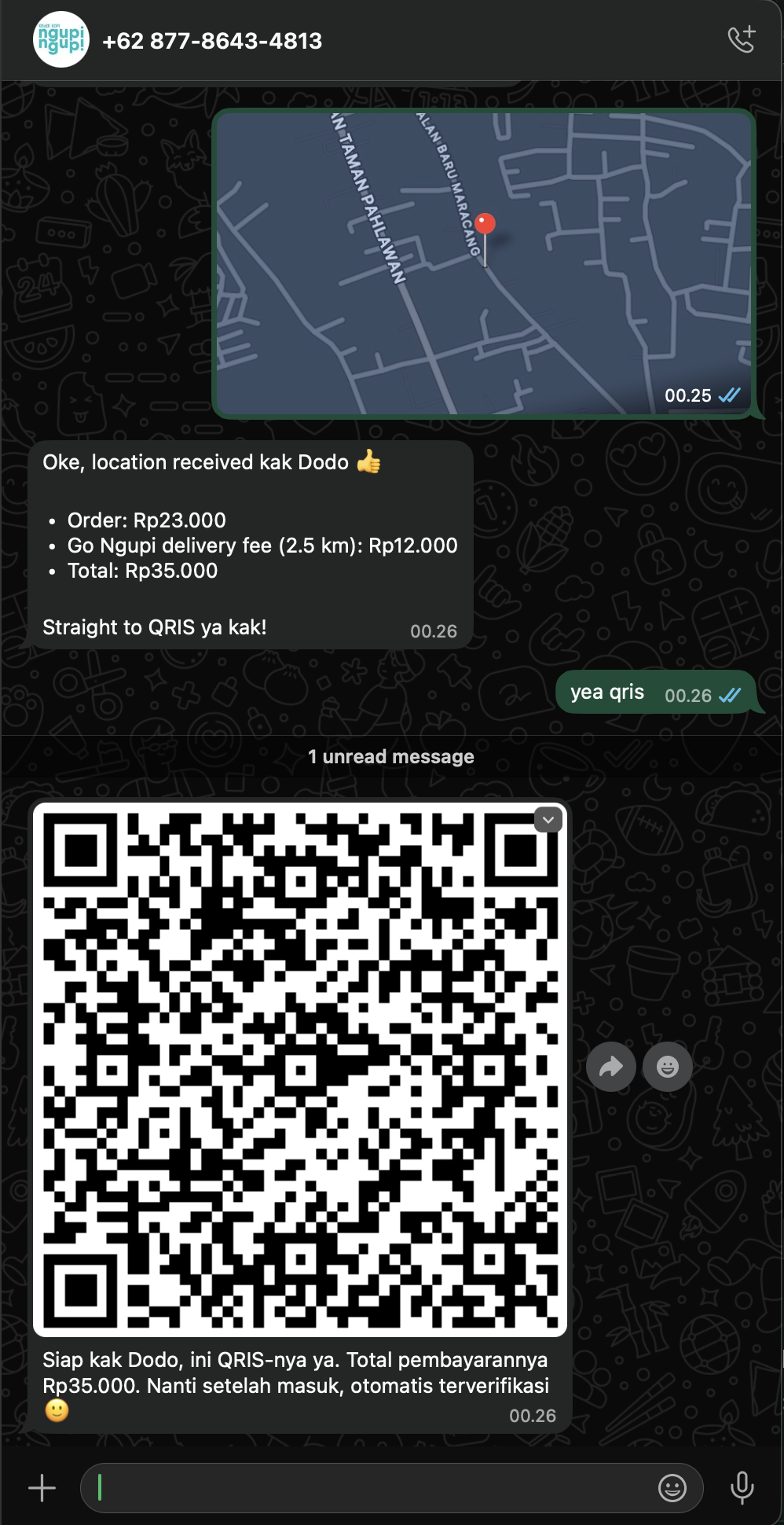 AI agent: location processing, delivery fee calculation, QRIS payment QR generation